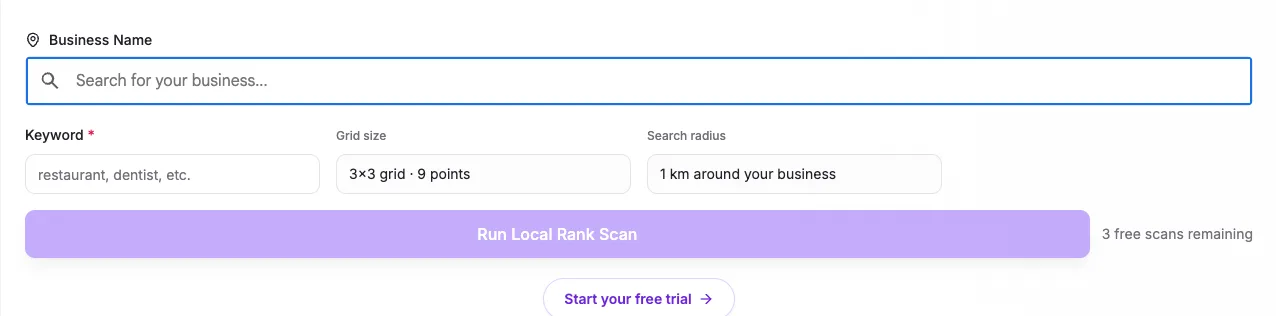 The free local rank checker with its Business Name and Keyword fields