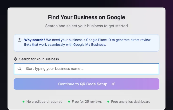 Fly's free review QR generator at its first step, Find Your Business on Google